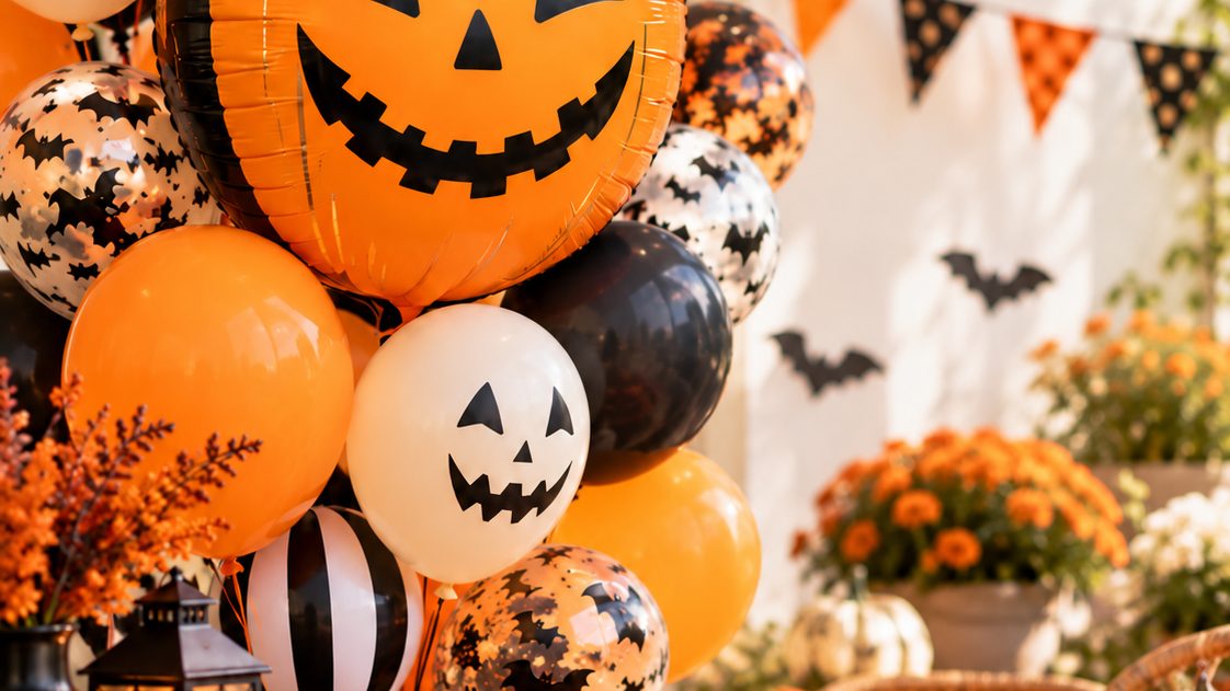 Bukiet balonów na Halloween — foliowa dynia i balony z buziami dyni nad stołem nakrytym na przyjęcie