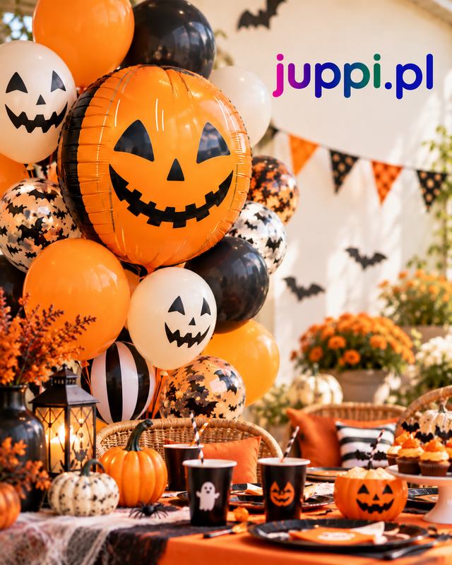 Bukiet balonów na Halloween — foliowa dynia i balony z buziami dyni nad stołem nakrytym na przyjęcie